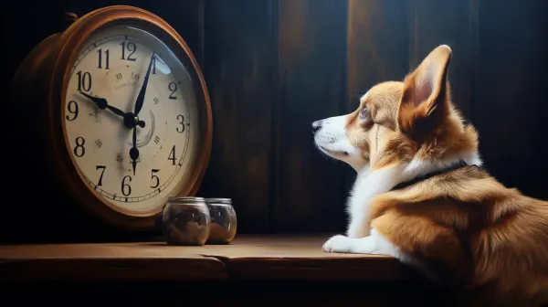 A corgi staring at a clock.
