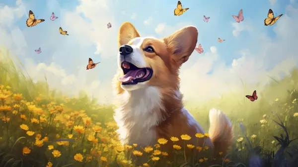 A happy corgi in a sunny meadow looking up at butterflies.